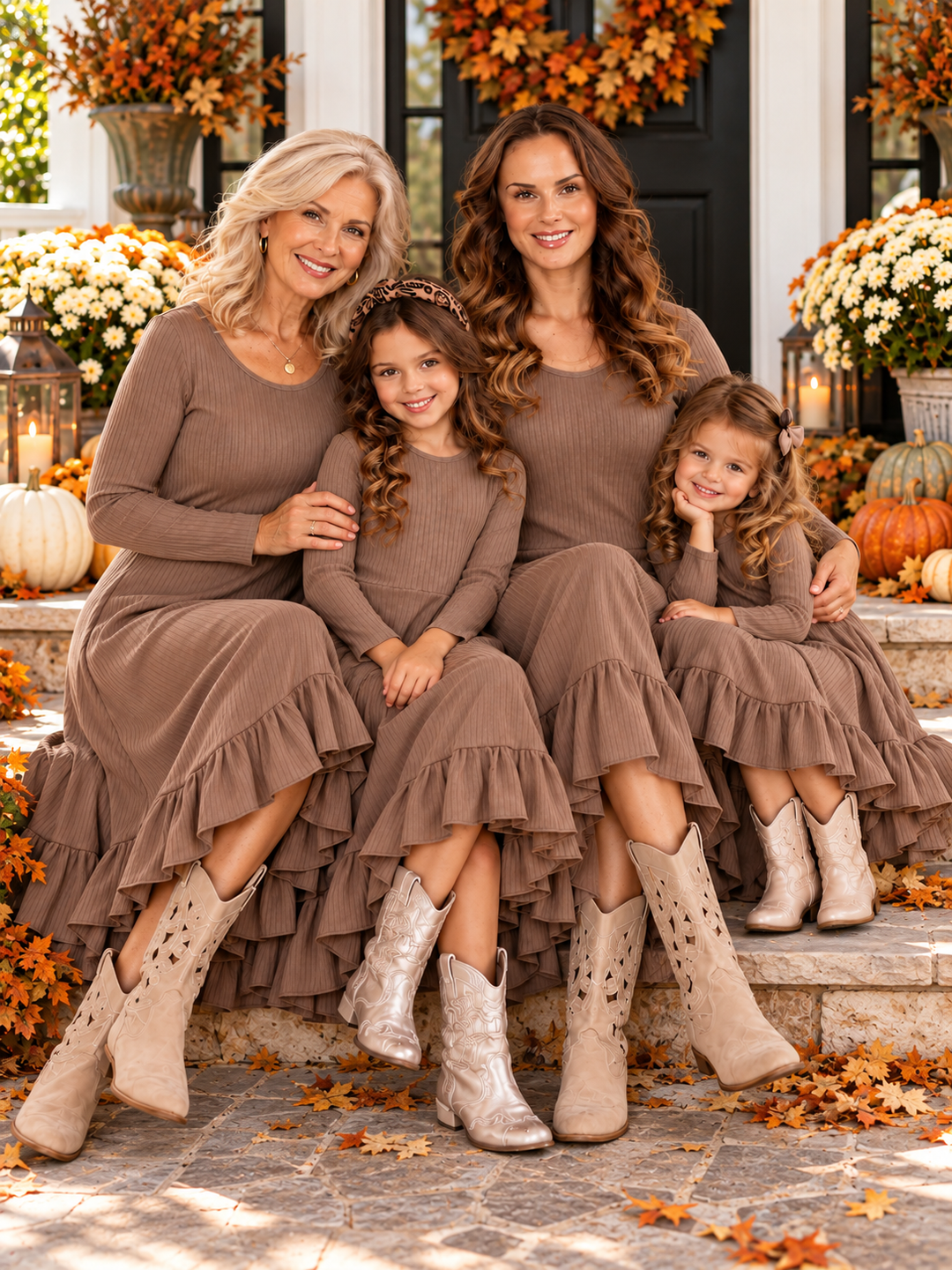 Family Matching Brown Ribbed Knit High-Low Ruffle Dress