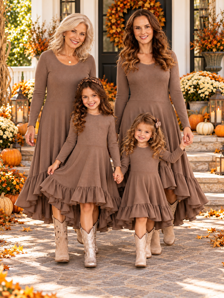 Family Matching Brown Ribbed Knit High-Low Ruffle Dress