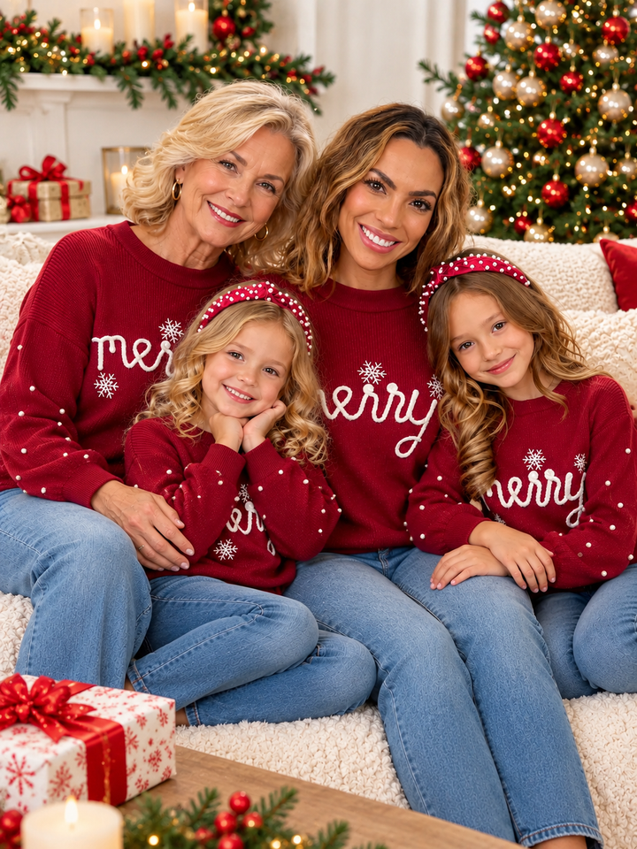 Family Matching Merry Christmas Pearl Embellished Sweater