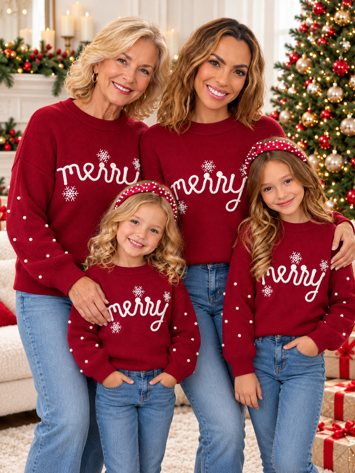 Family Matching Merry Christmas Pearl Embellished Sweater