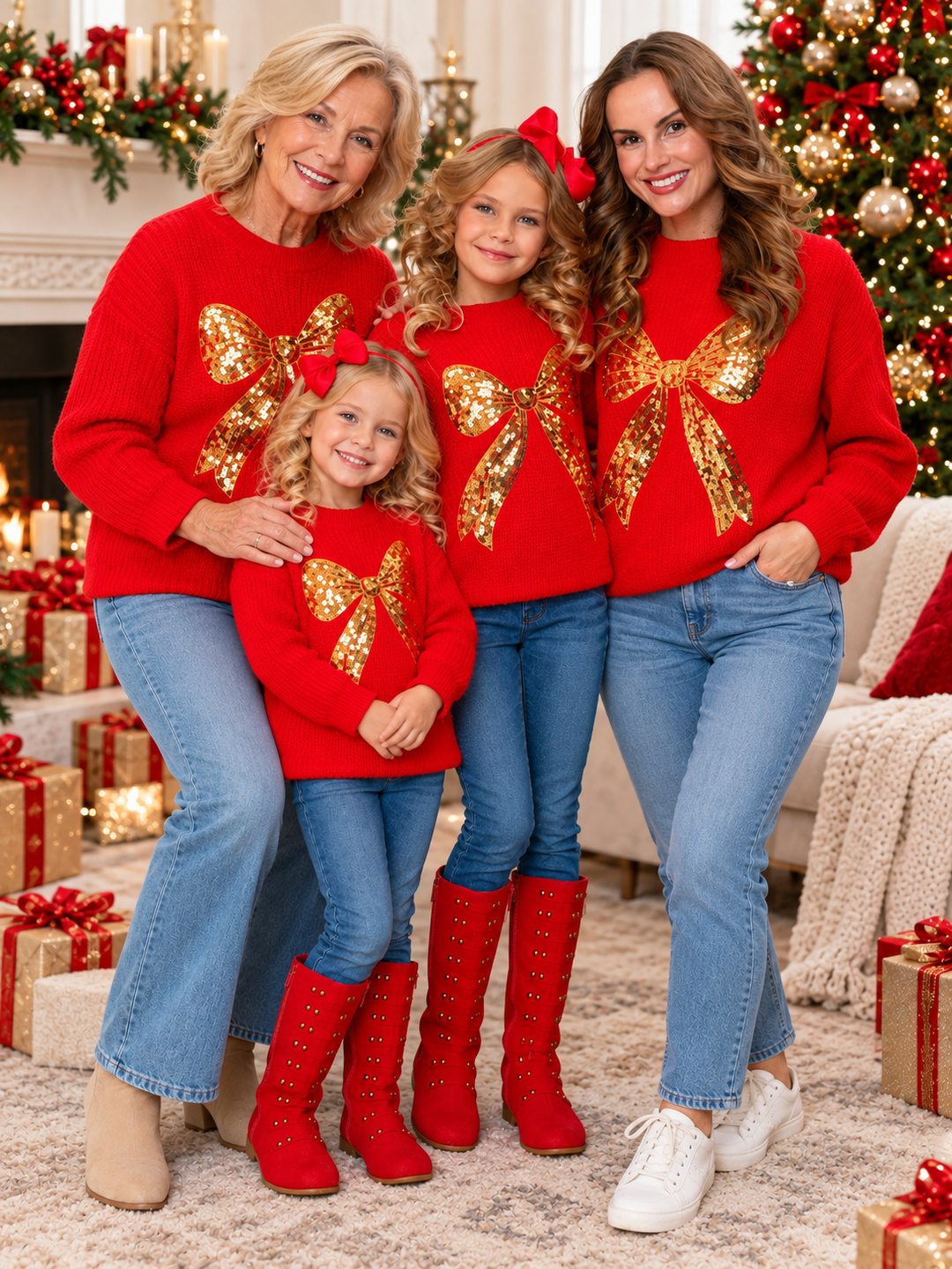 Family Matching Red Christmas Gold Sequin Bow Sweater