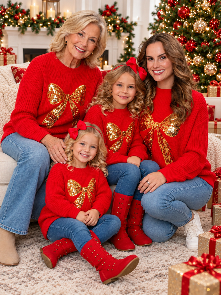 Family Matching Red Christmas Gold Sequin Bow Sweater