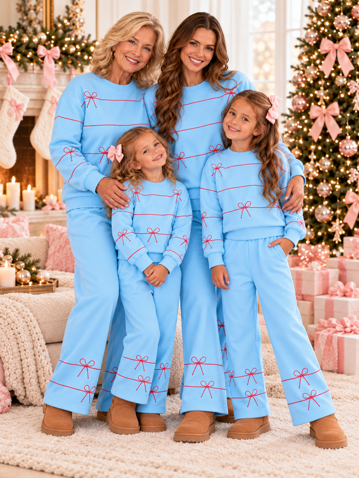 Family Matching Blue Sweet Bow Print 2-Piece Lounge Set