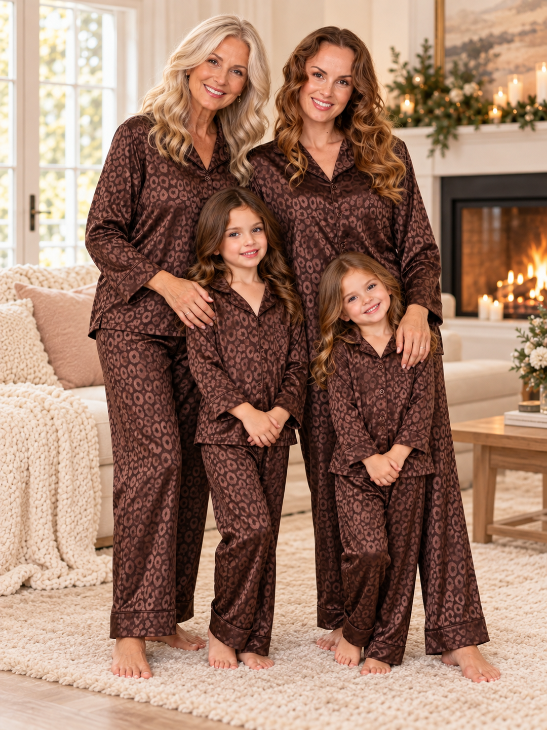 Family Matching Brown Leopard Print Silky 2-Piece Pajama Set
