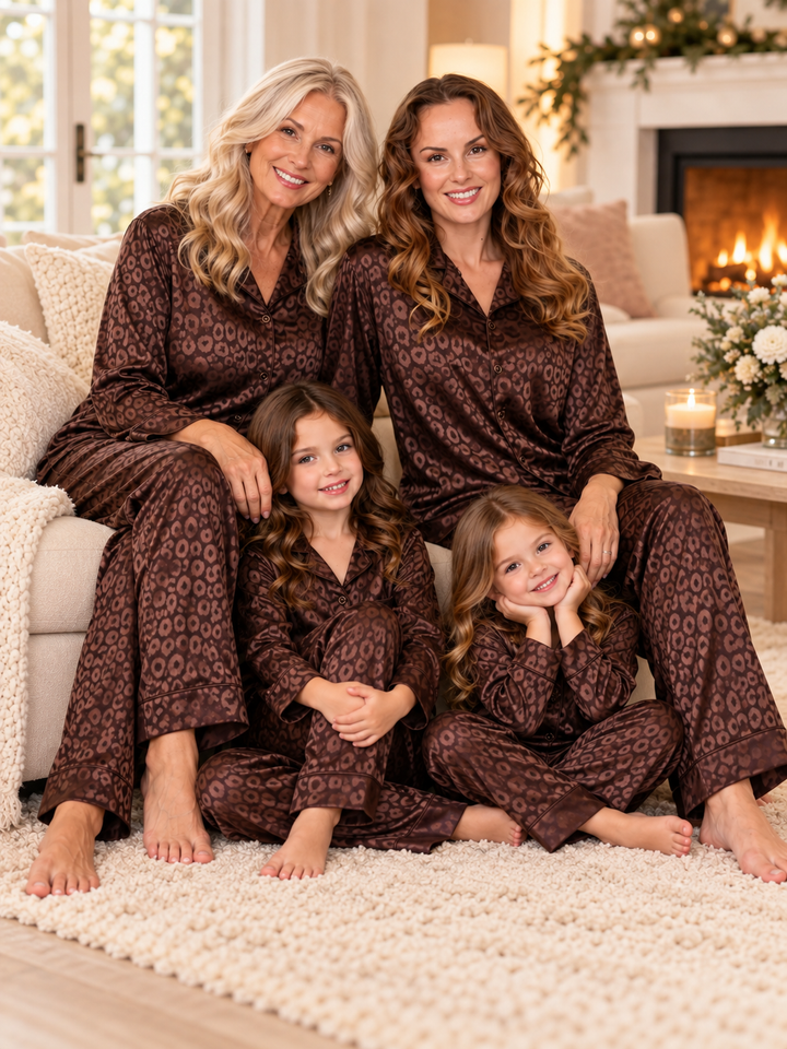 Family Matching Brown Leopard Print Silky 2-Piece Pajama Set