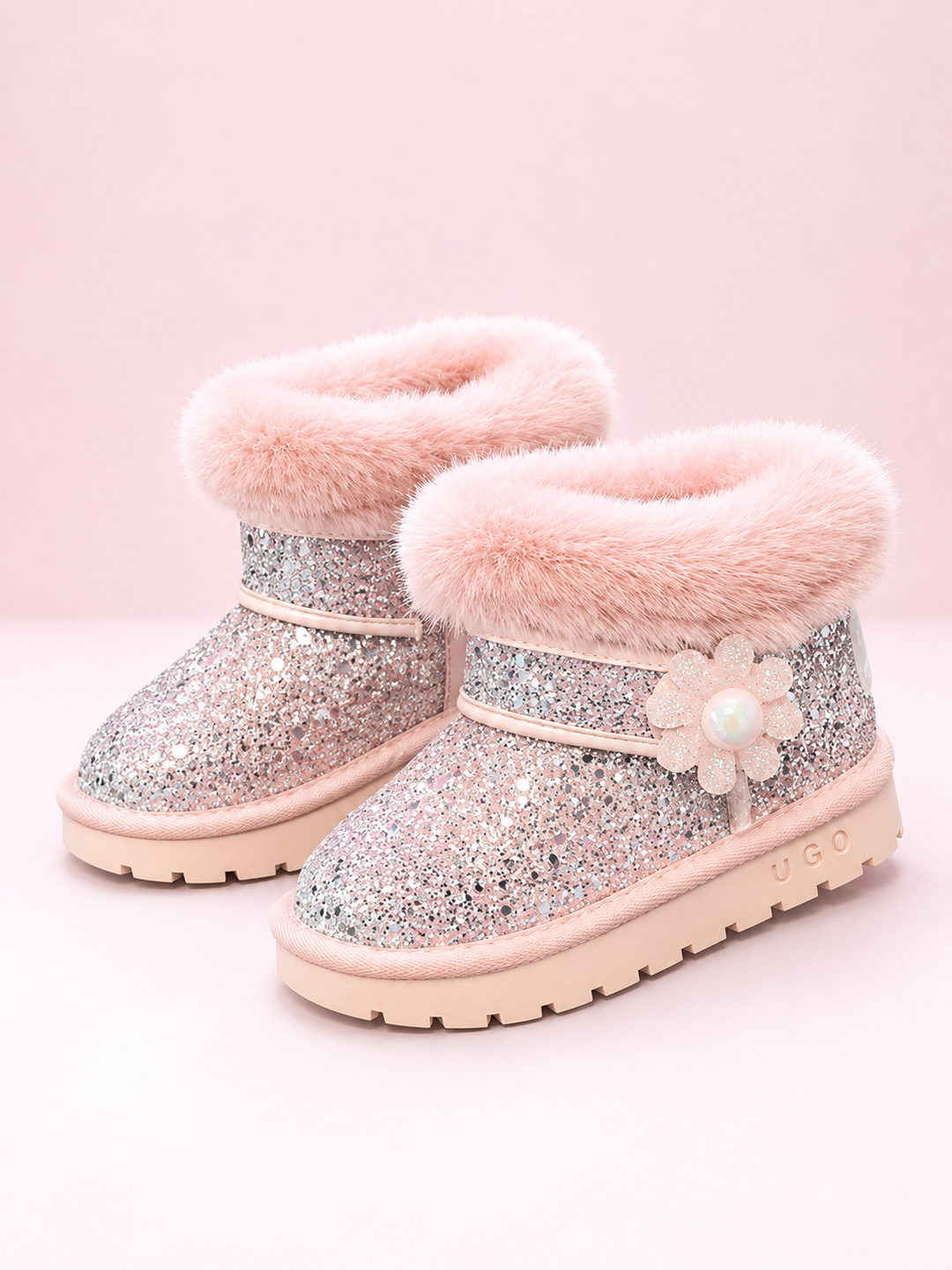 Pink Sparkle Flower Faux-Fur Boots