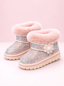 Pink Sparkle Flower Faux-Fur Boots