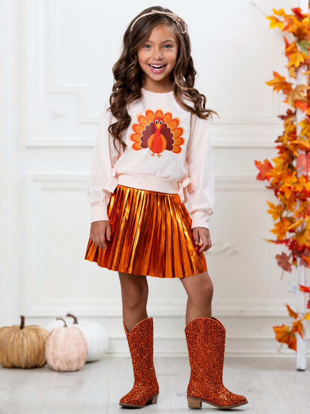 Thankful Turkey Top and Metallic Pleated Skirt Set