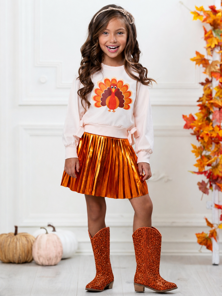 Thankful Turkey Top and Metallic Pleated Skirt Set
