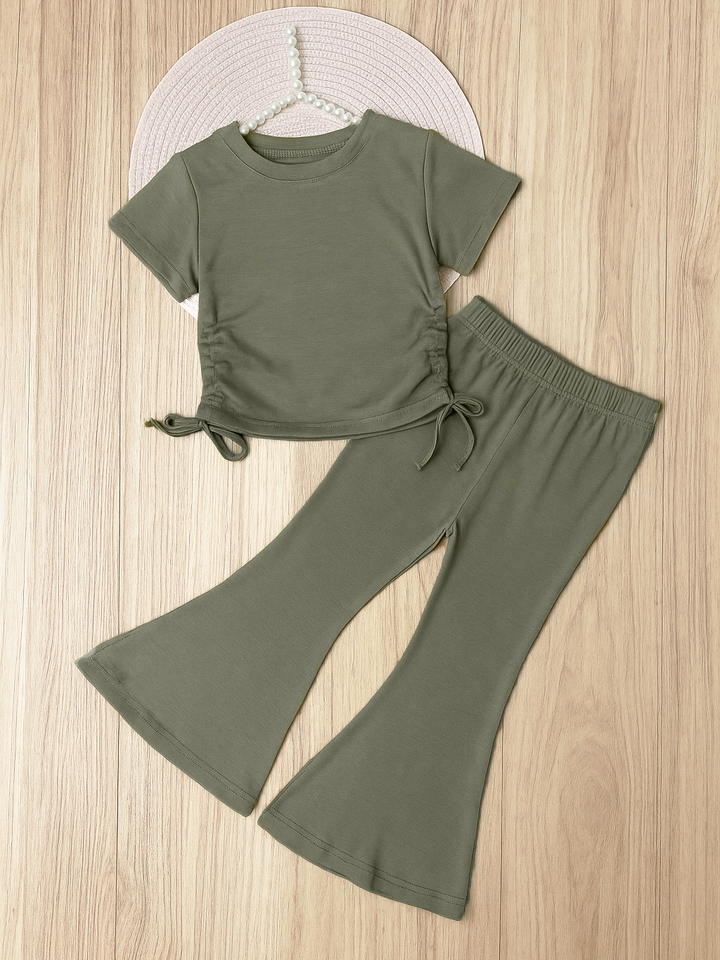 Everyday Stretch Olive Side-Ruched Tee & Flare Pant Set
