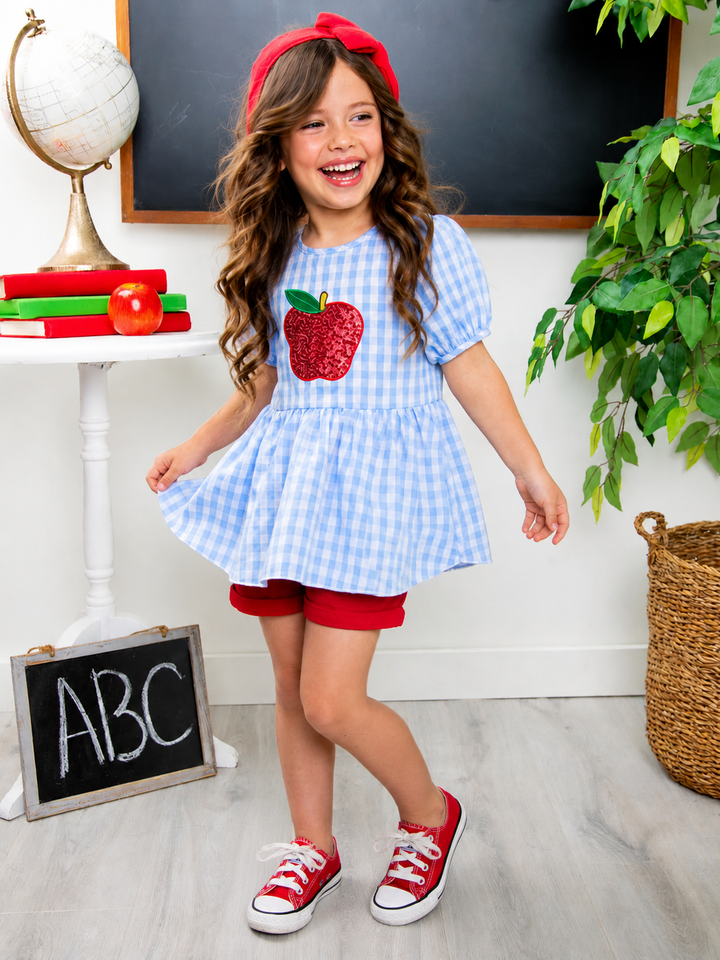 Sequin Apple Puff Sleeve Top & Red Short Set