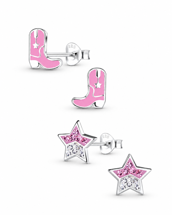Sterling Silver Stud Earrings Pink Cowboy Boots and Star Set Mia Belle Girls