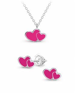 Sterling Silver Pink Heart Pendant Necklace and Stud Earrings Set