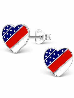 Sterling Silver American Flag Heart Stud Earrings