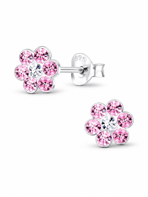 Sterling Silver Stud Earrings Crystal Pink Flower