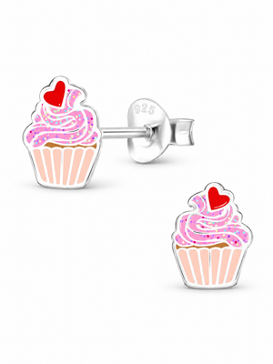 Sterling Silver Stud Earrings Enamel Cupcake