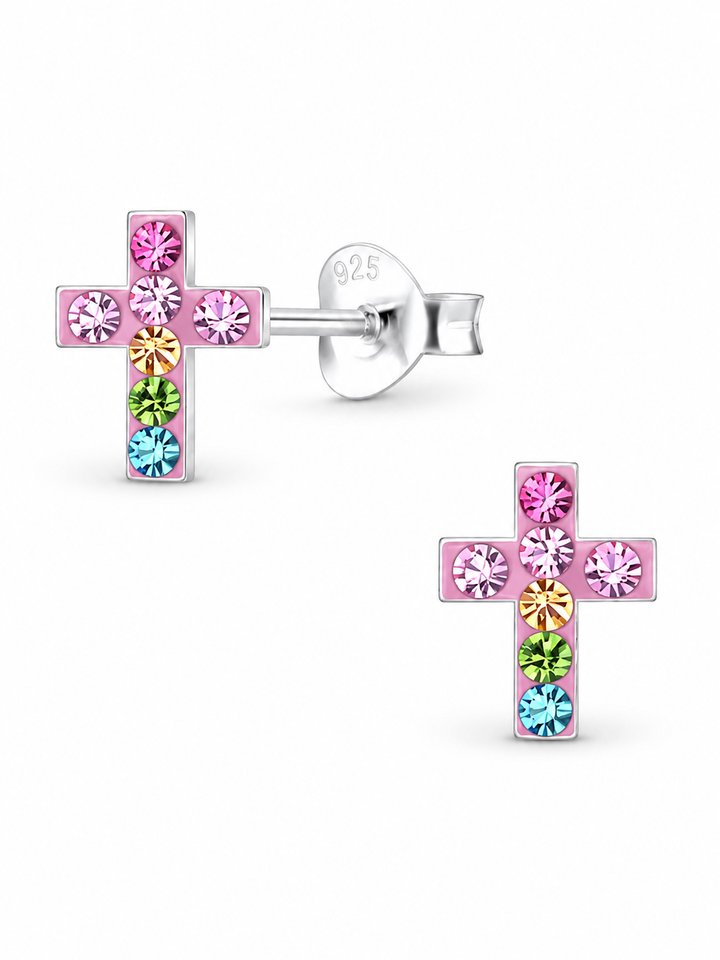 Sterling Silver Stud Earrings Colorful Cross Mia Belle Girls