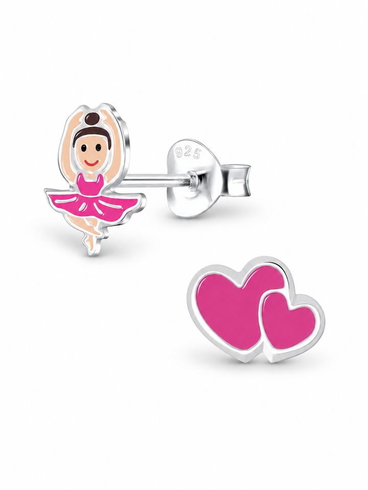 Sterling Silver Stud Earrings Heart and Ballerina Mia Belle Girls