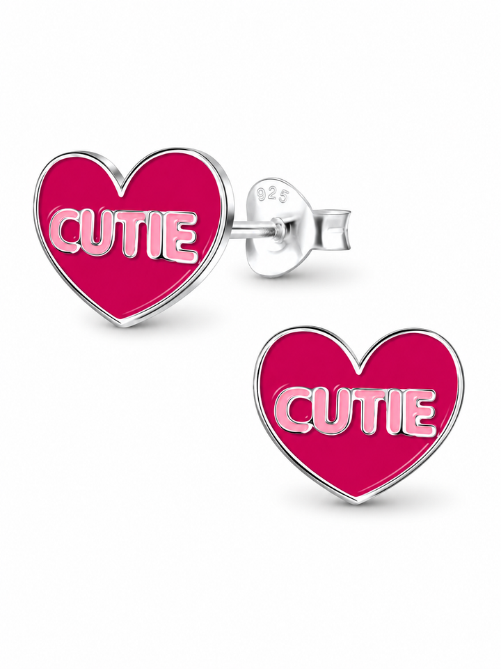 Sterling Silver Stud Earrings Pink Cutie Heart Mia Belle Girls
