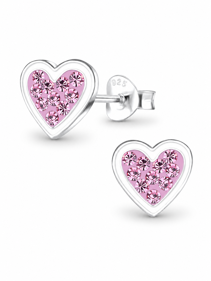 Sterling Silver Stud Earrings Sparkling Pink Heart Mia Belle Girls