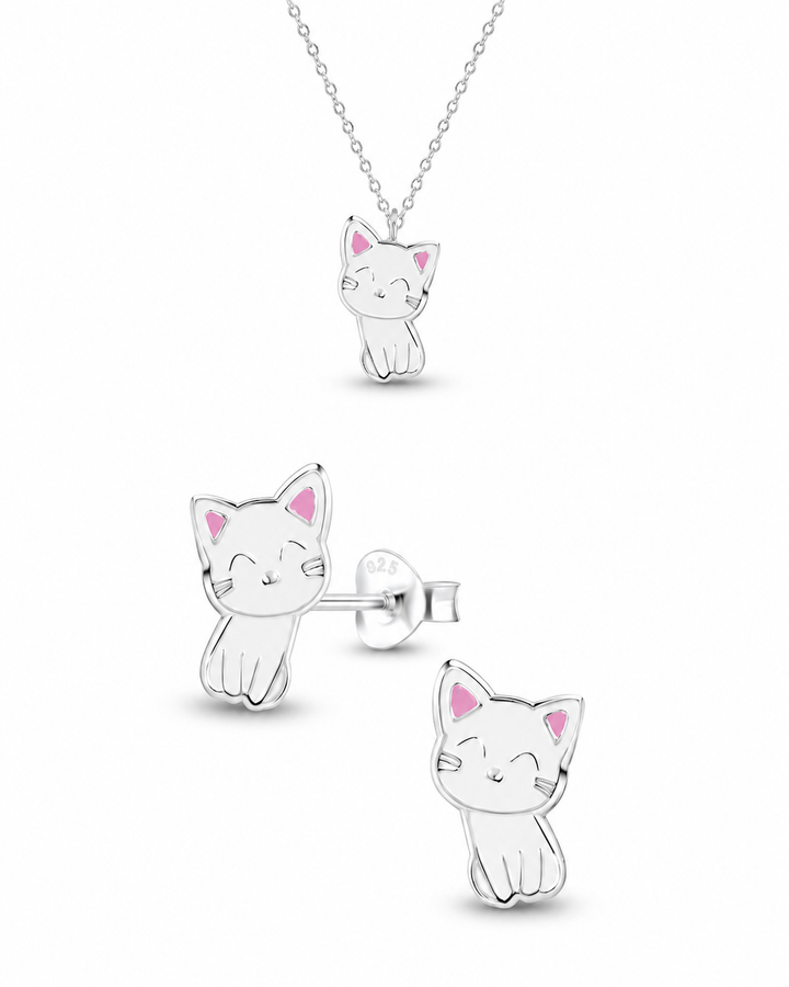 Sterling Silver Cute Cat Pendant Necklace and Earring Set Mia Belle Girls