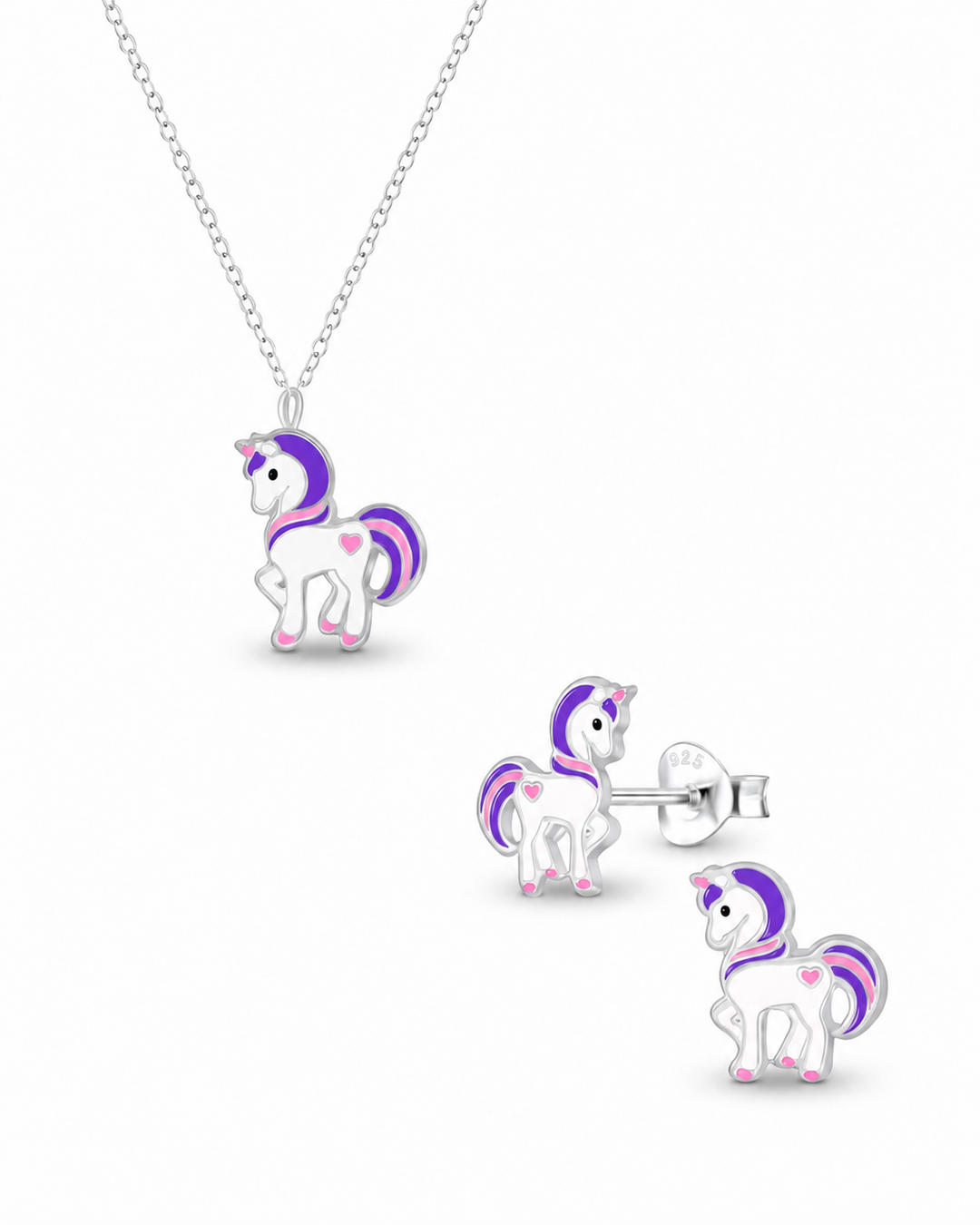 Sterling Silver Purple Unicorn Pendant Necklace and Earring Set Mia Belle Girls