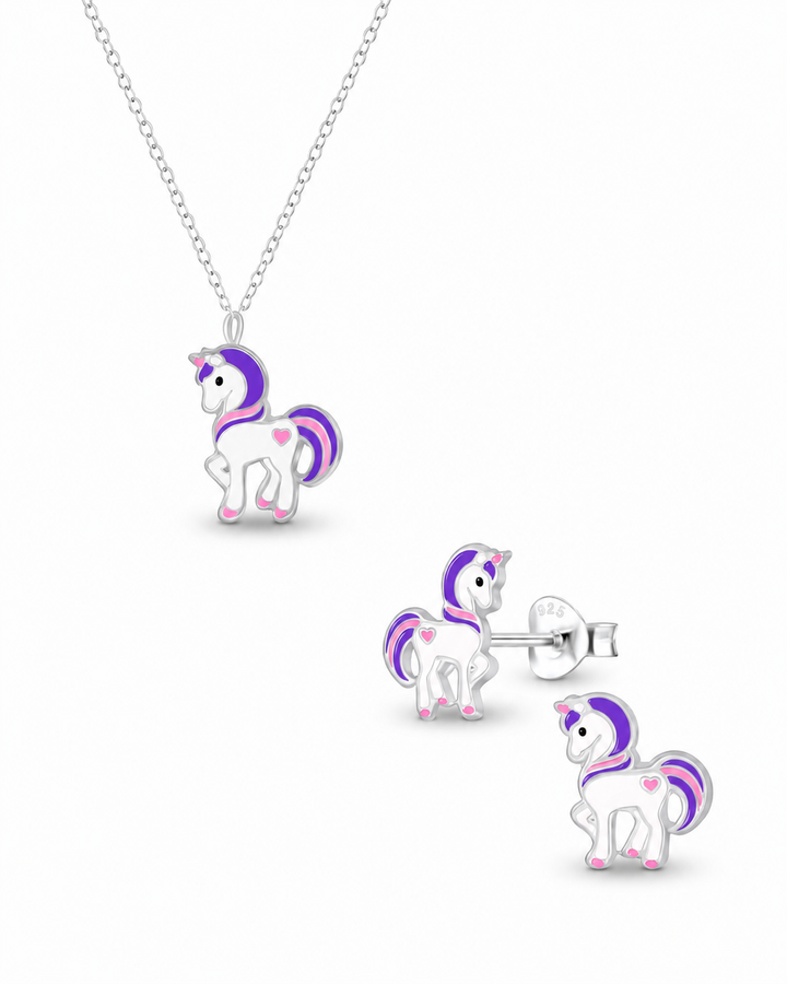 Sterling Silver Purple Unicorn Pendant Necklace and Earring Set Mia Belle Girls