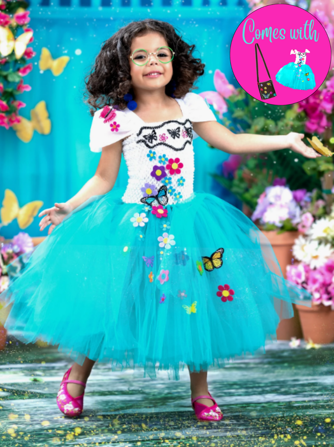 Girls Mirabel Floral Tutu Costume Dress with Bag Turquoise / 10Y