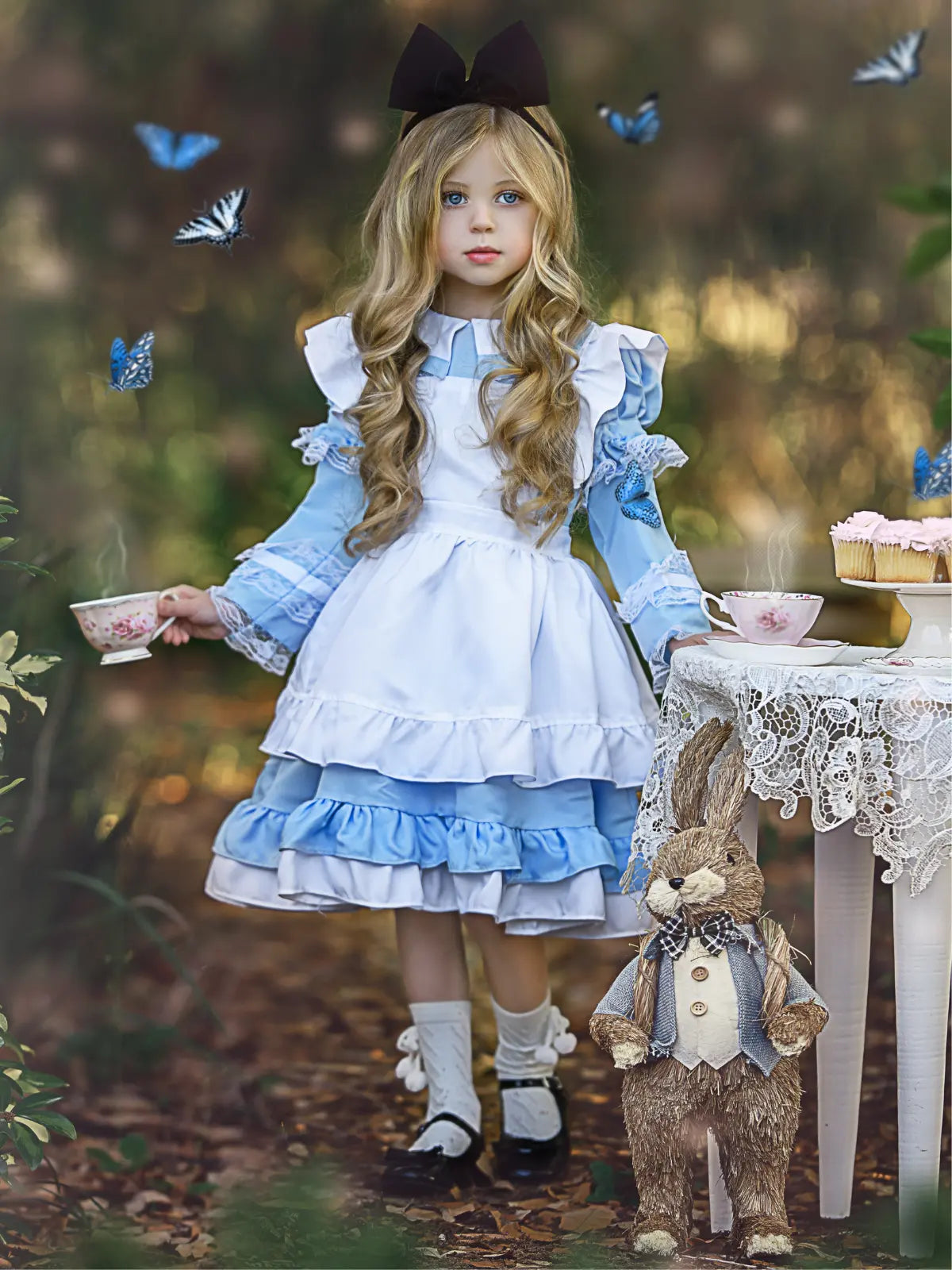 Girls Enchanted Alice Ruffled 3-Piece Costume Dress Blue / 7Y/8Y