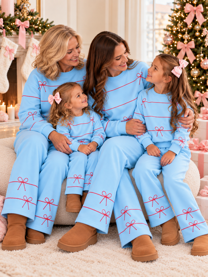 Family Matching Blue Sweet Bow Print 2-Piece Lounge Set