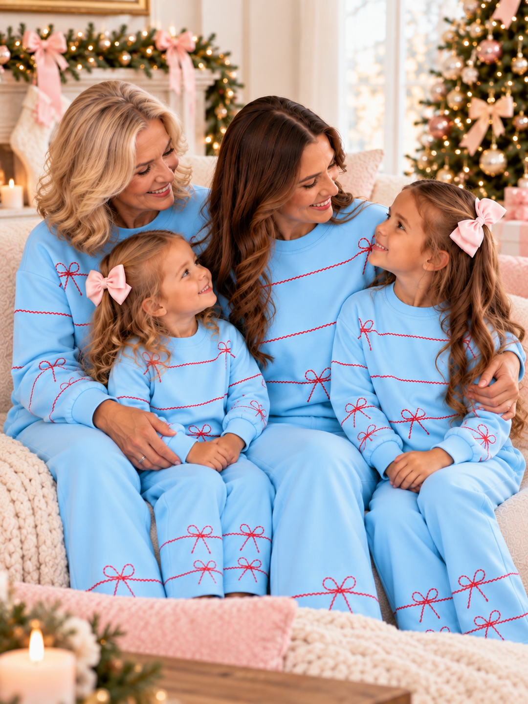 Family Matching Blue Sweet Bow Print 2-Piece Lounge Set