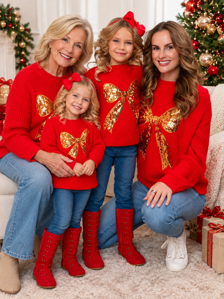 Family Matching Red Christmas Gold Sequin Bow Sweater