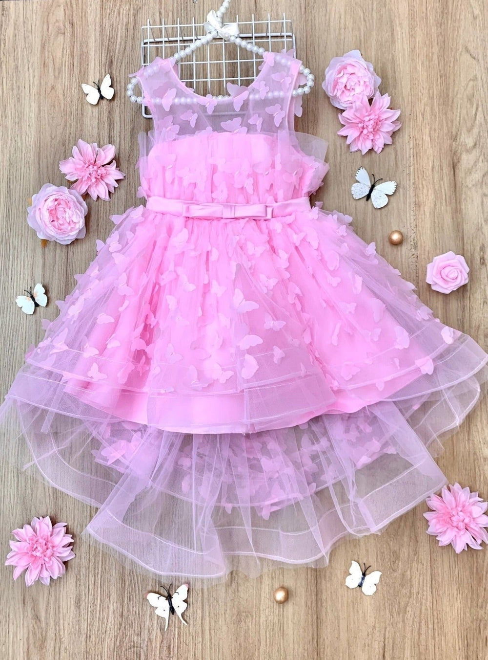 pink tulle butterfly dress Pink Tulle Butterflies Tutu Puffy Flower Girl Dress, First Baby Birthday Party, Princess Girl Gown, Pageant Toddler Special Occasion