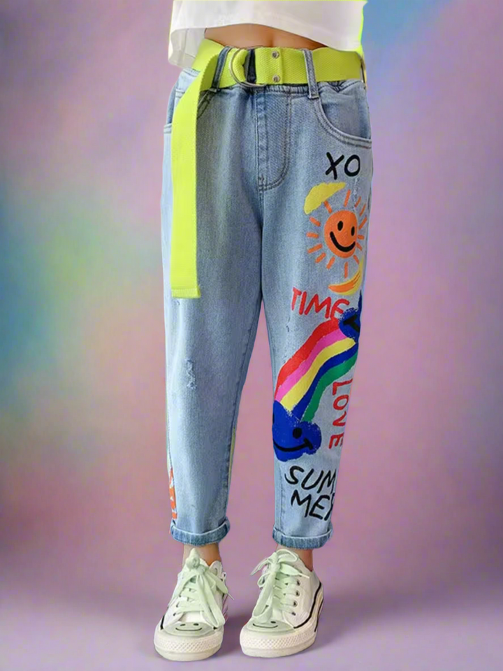 Girls Trendy Graffiti Smiley Rainbow Jeans Mia Belle Girls