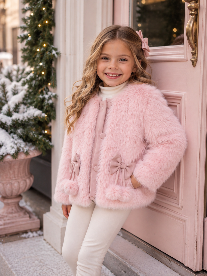 Snow Angel Bow & Pom-Pom Faux Fur Coat