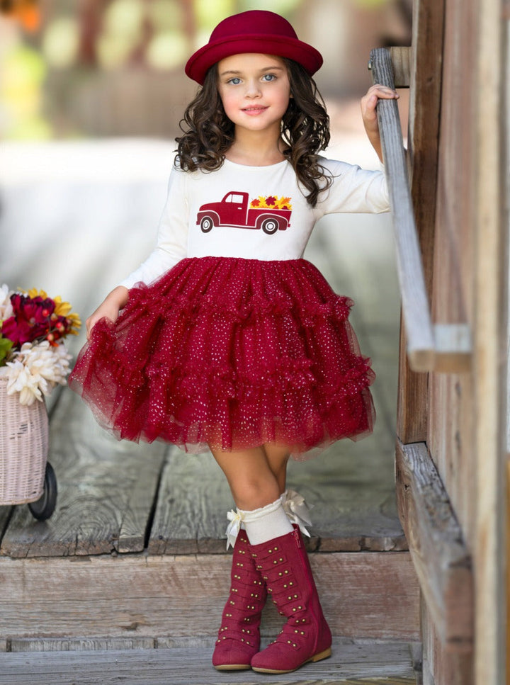 Vintage Truck Leaves Ruffled Tutu Dress Mia Belle Girls