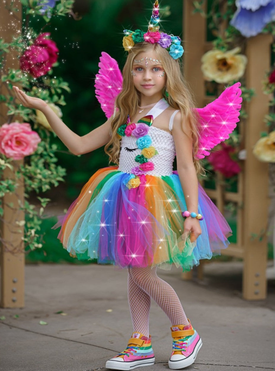 unicorn fairy dress Rainbow Unicorn Princess Tulle Dress: Optional Wings, Horn Headband & Light-Up Petticoat