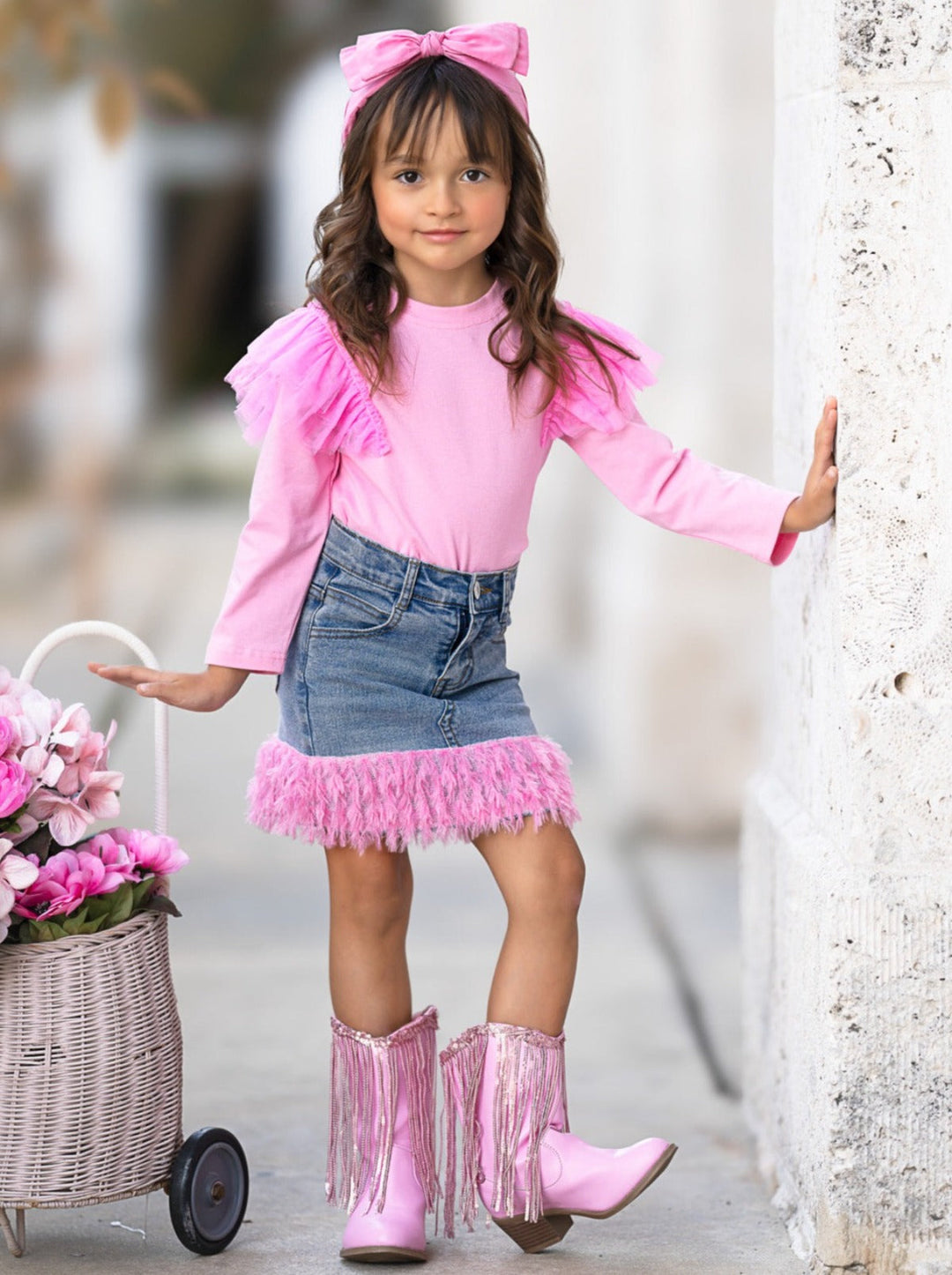 Pink Ruffle Top and Feather Trim Denim Skirt Set Mia Belle Girls