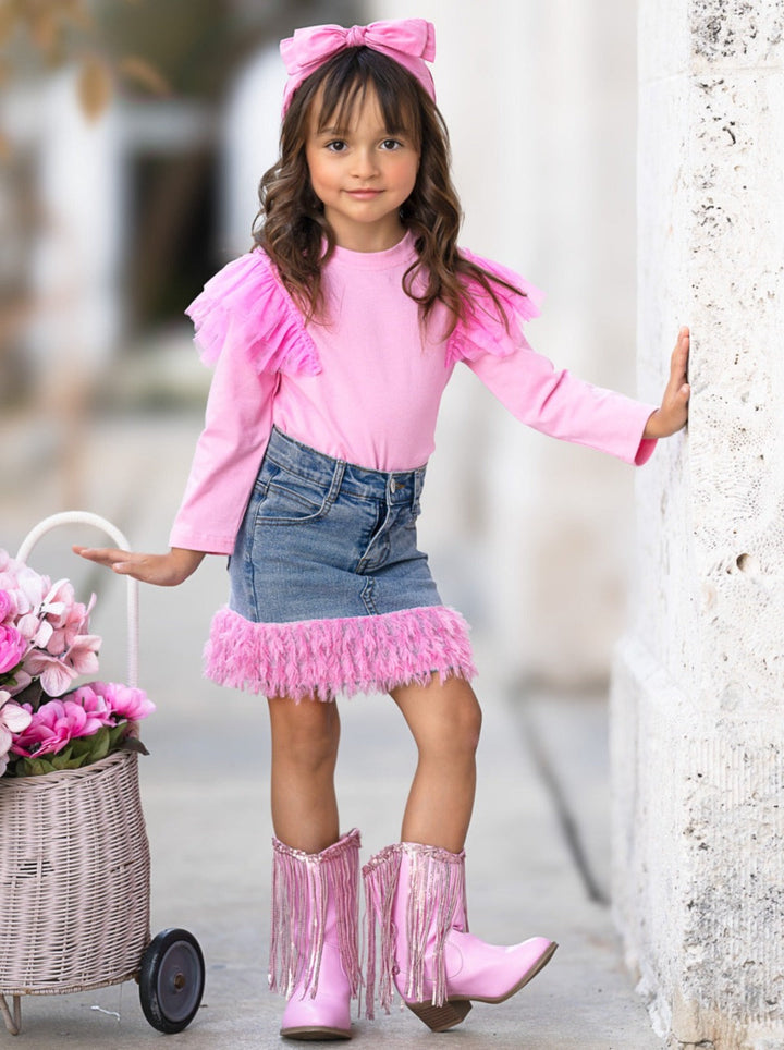 Pink Ruffle Top and Feather Trim Denim Skirt Set Mia Belle Girls