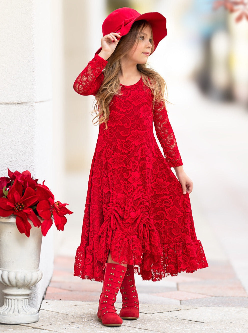 Red Hi-Lo Drawstring Lace Ruffle Dress Mia Belle Girls