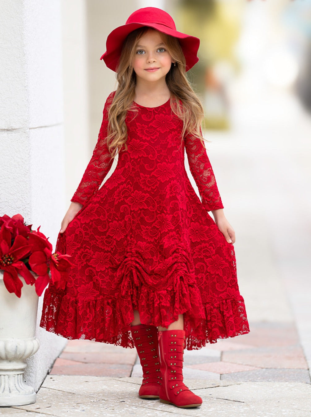 Red Hi-Lo Drawstring Lace Ruffle Dress Mia Belle Girls