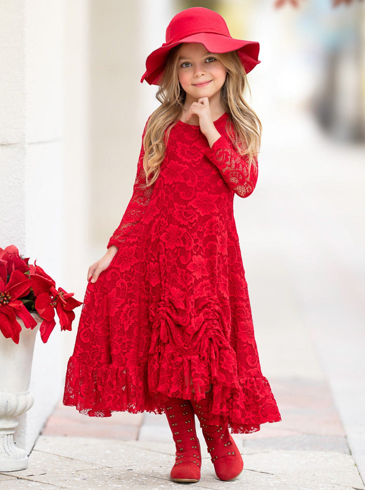 Red Hi-Lo Drawstring Lace Ruffle Dress Mia Belle Girls