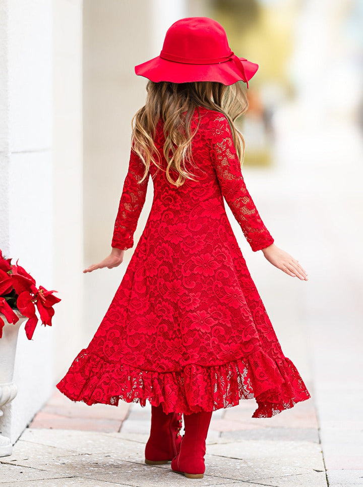Red Hi-Lo Drawstring Lace Ruffle Dress Mia Belle Girls