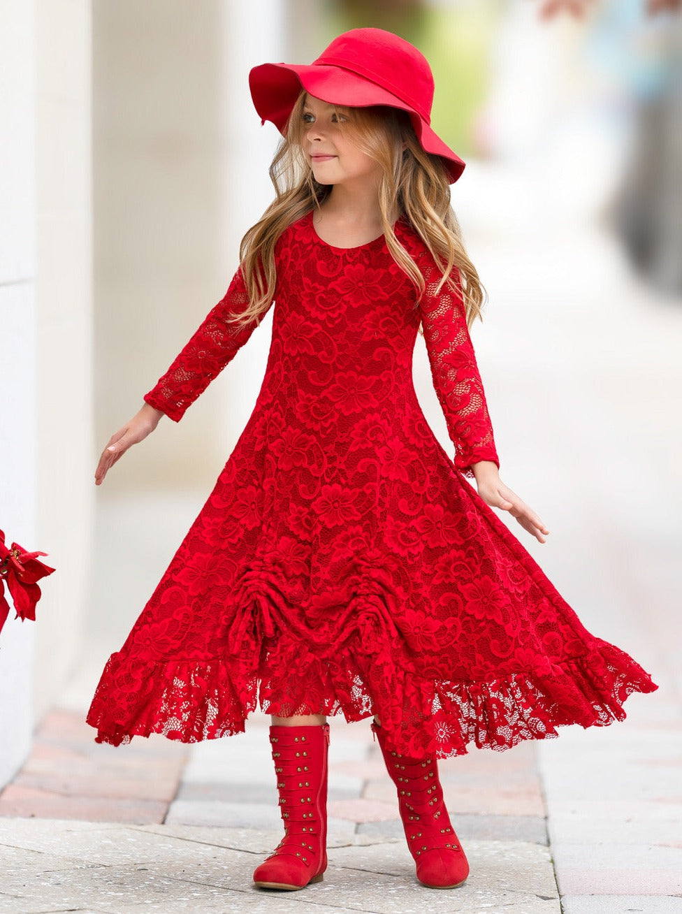 Red Hi-Lo Drawstring Lace Ruffle Dress Mia Belle Girls