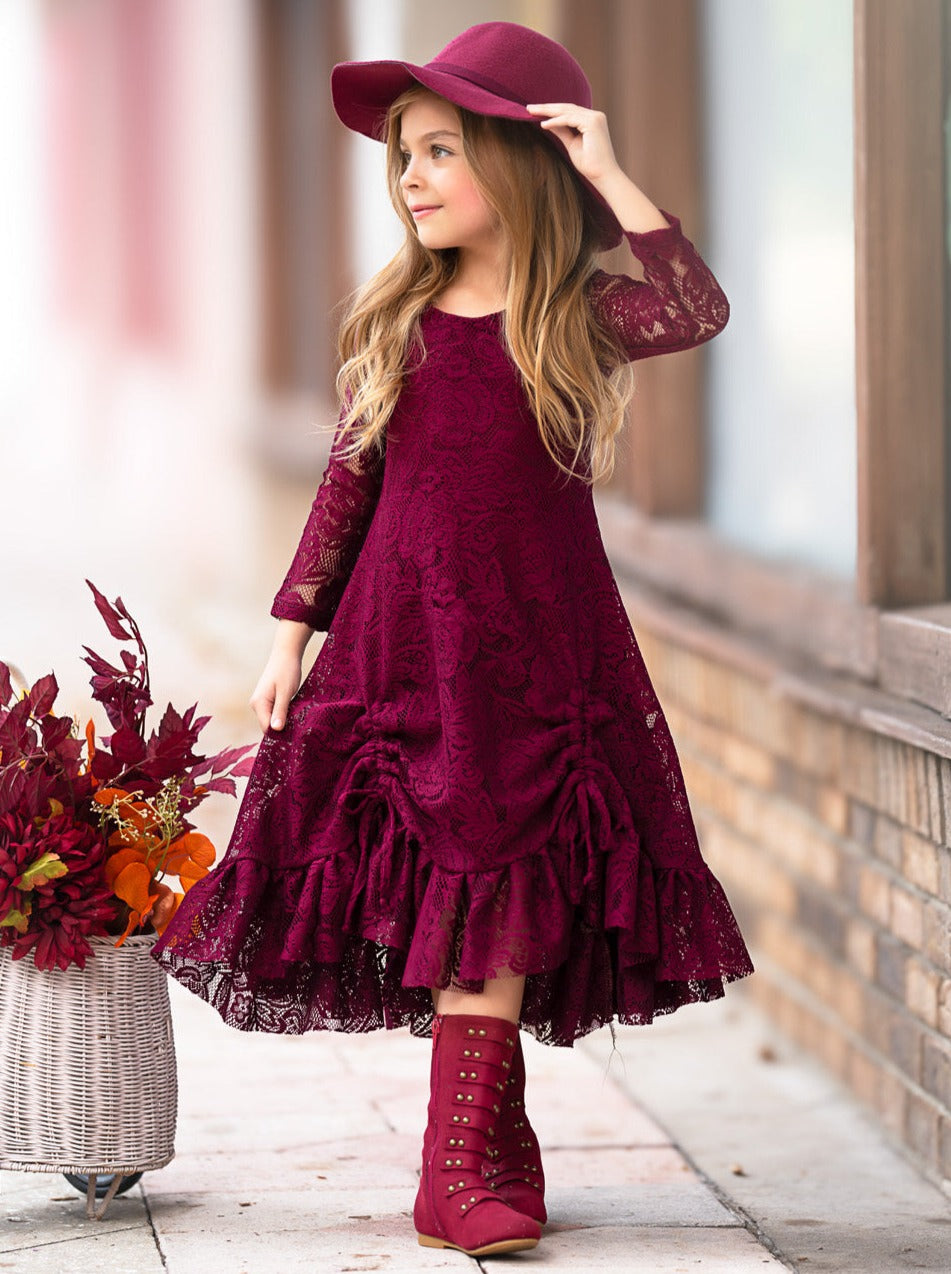 Burgundy Hi-Lo Drawstring Lace Ruffle Dress Mia Belle Girls
