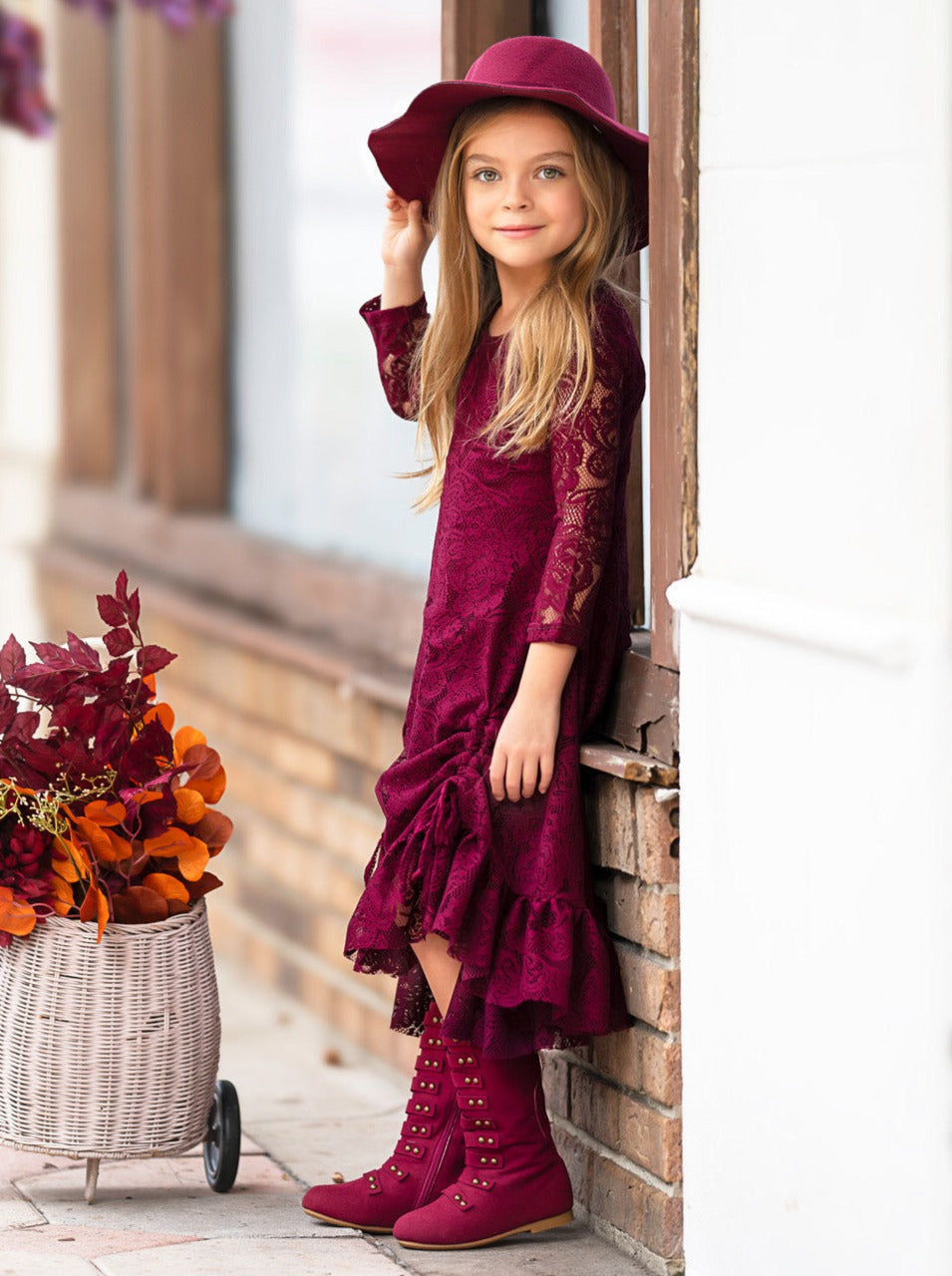 Burgundy Hi-Lo Drawstring Lace Ruffle Dress Mia Belle Girls