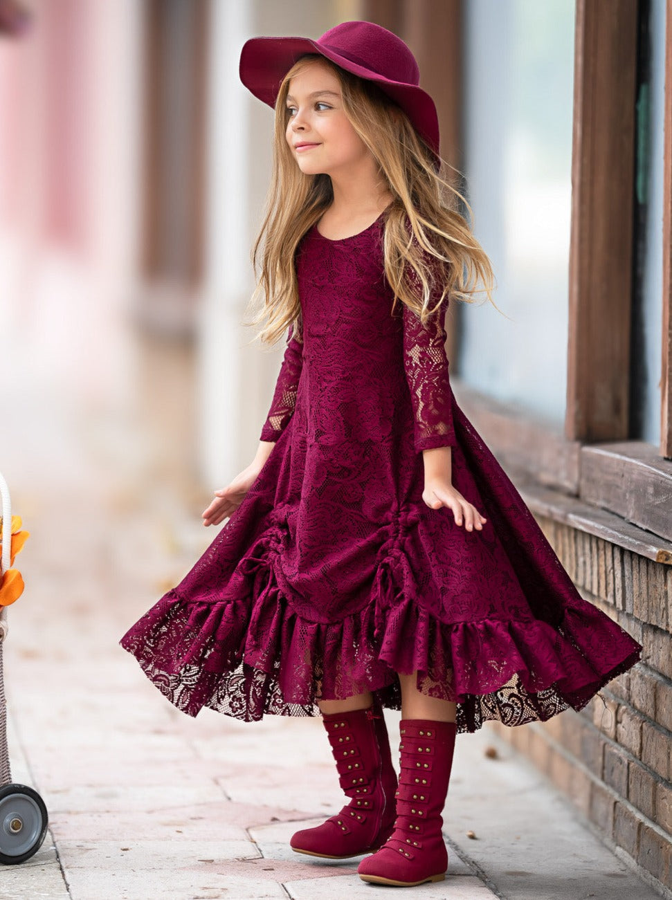 Burgundy Hi-Lo Drawstring Lace Ruffle Dress Mia Belle Girls