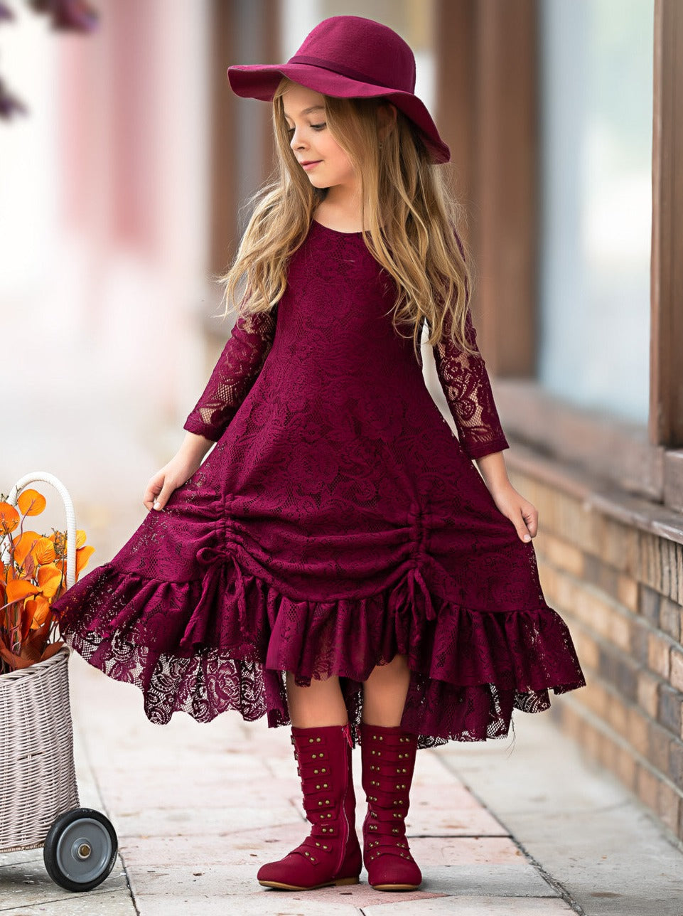 Burgundy Hi-Lo Drawstring Lace Ruffle Dress Mia Belle Girls