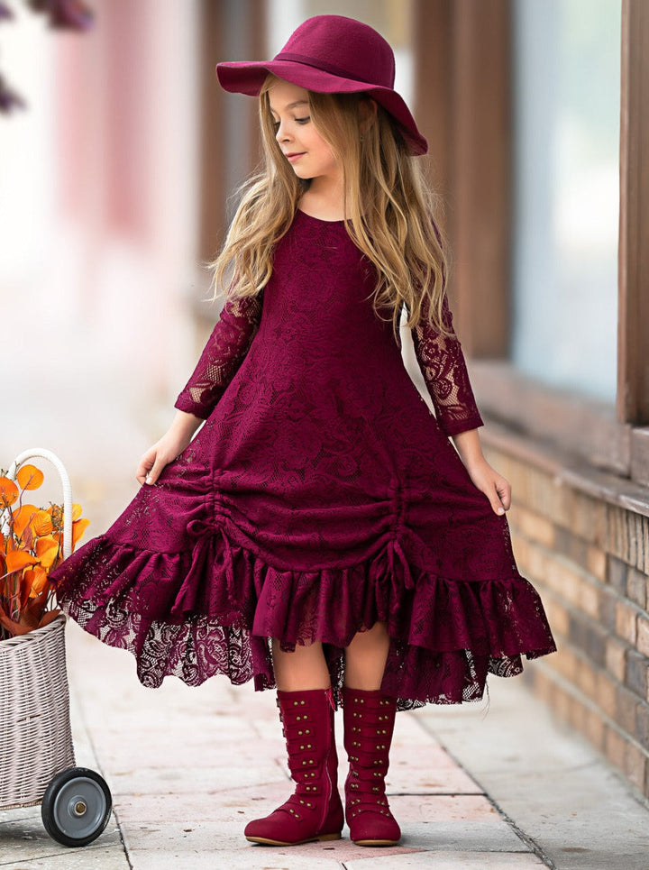 Burgundy Hi-Lo Drawstring Lace Ruffle Dress Mia Belle Girls