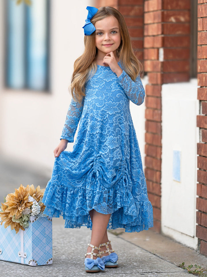 Blue Hi-Lo Drawstring Lace Ruffle Dress Mia Belle Girls
